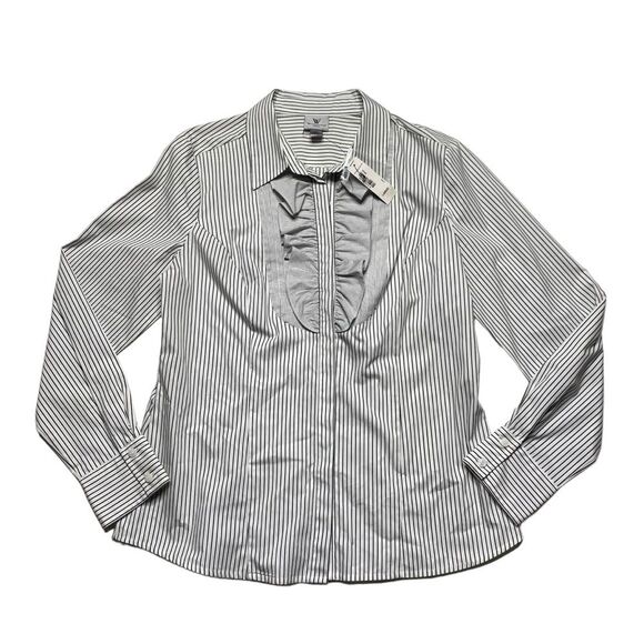 Worthington Striped Tuxedo Ruffle Button Down Shirt Sz L NWT - Picture 1 of 12